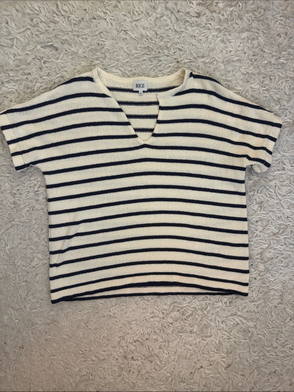 BKE Cream and Navy Striped V-Notch Knit Top